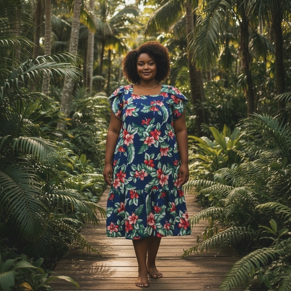 Jade Fashions Hawaiian Muumuu Dress XXXL Blue Hibiscus Floral Cotton Tiered Midi